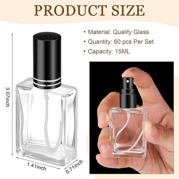 Domensi 60 Pcs 15 ml Glass Perfume Bottles Mini Glass Empty Spray Atomizer Bottles Bulk Refillable Perfume Dispenser Container with Pump Tool for Travel Skin Care (Black)