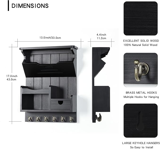 DOPACE Key Holder for Wall, Mail and Key Holder, Mail Organizer Wall Mount with Storage Drawer and 6 Hooks, Easy Installation Key Rack for Entryway and Home Decor, Black