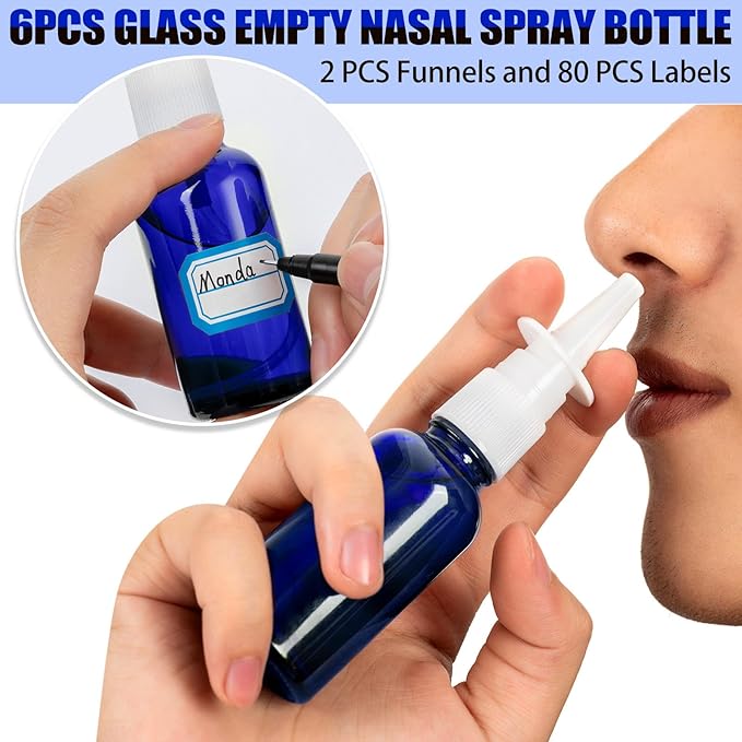 10 Pcs Nasal Spray Bottle Empty, 30ML/1oz 6 Pcs Refillable Nasal Spray Bottle Fine Mist Glass with 2 Funnels and 2 Labels