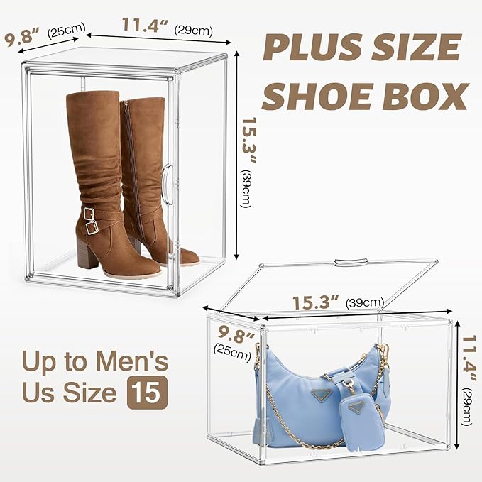 XX-Large Clear Handbag Storage Organizer for Closet 15.3‘’ Tall Acrylic Display Case Clear Purse Organizer Stackable Storage Box for Boots, Big Tote Bag, Collectibles, Cosmetic, 2 Pack