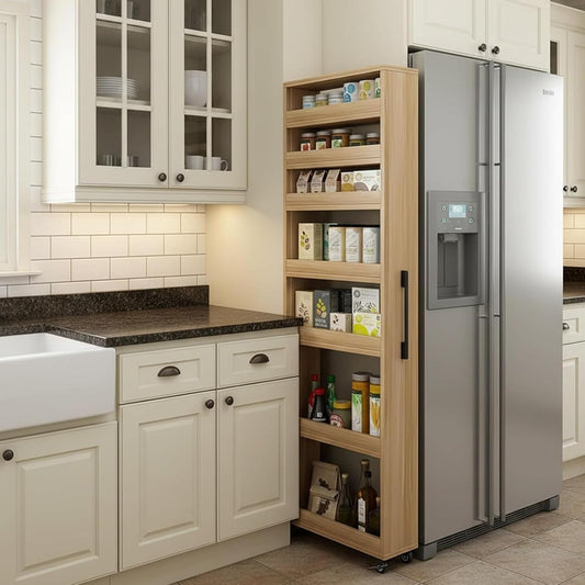 7 Tier Slim Rolling Storage Cart with Wheels, Narrow Storage Cabinet for Small Spaces, Mobile Spice Rack Organizer for Kitchen, Pantry, Baking Room, Dining Room(Wood,7.9"x19.7"x72.4")