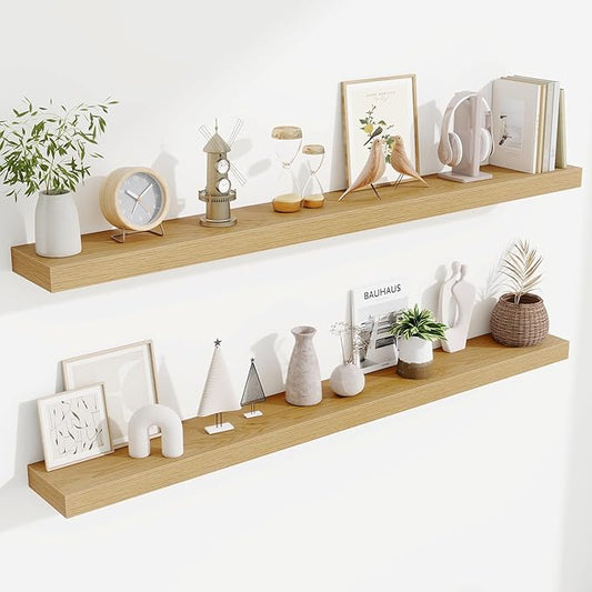 Fun Memories 55 Inch Floating Shelves Bedroom, Large Extra Floating Shelf Set of 2 with Invisible Brackets, Oak