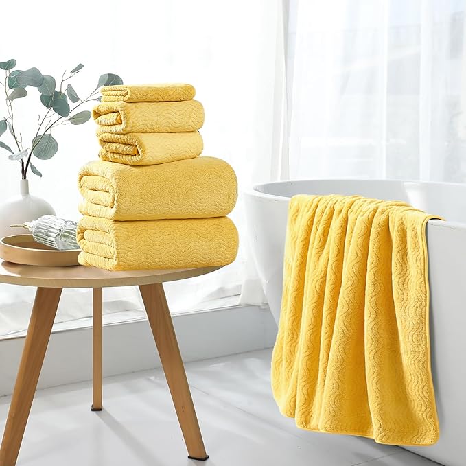 8 Piece Bath Towel Set — 2 Oversized Large Bath Sheet,2 Hand Towels,4 Washcloths — Ultra Soft Cozy Bath Towel Set for Bathroom Hotel Gym Spa,Highly Absorbent Quick Dry Bathroom Towel Collections,Yellow