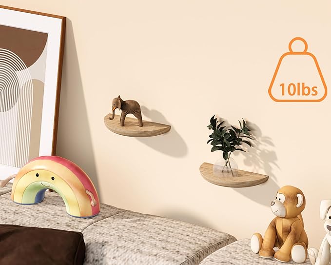 Floating Wall Shelves Set of 2 - Solid Wood Half Round Shelves for Bedroom & Bathroom