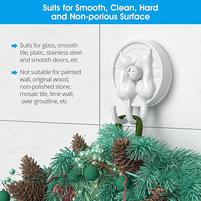 AST Cute Double-Cat Suction Cup Hook, 4 Pack, Heavy Duty Hooks, Upgraded Reliable Force of Both Adhesion and Vacuum, Wall Holders for Loofah, Towel, Coat and Bath Robe, Waterproof Hanger, Matte White