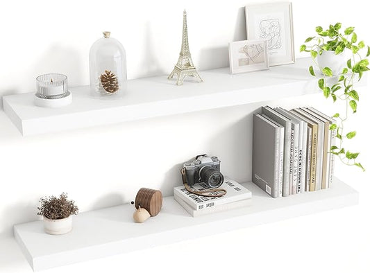36 Inch Floating Shelves, 8 Inch Deep Floating Shelves for Wall, Hanging Shelf with Invisible Brackets, Deep Shelves for Bathroom, Bedroom, Living Room, White, Set of 2