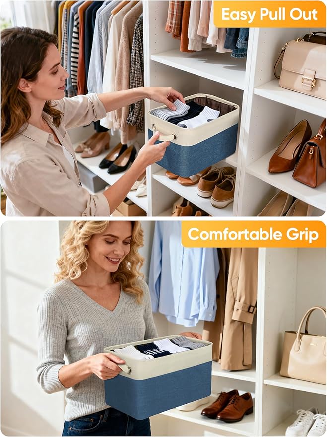 BALEINE 1 Pack Fabric Closet Storage Bins for Shelves, Linen Closet Organizers and Storage, Decorative Baskets for Organizing, Shelf, Clothes, Home, Office (Navy Blue, 12"x8"x8")