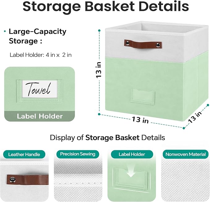 6-Pack Storage Cubes with Handles & Label Holders Basket, Closet Cube Home Organizer Bins(White/Green, 13 x 13 x 13 inch)