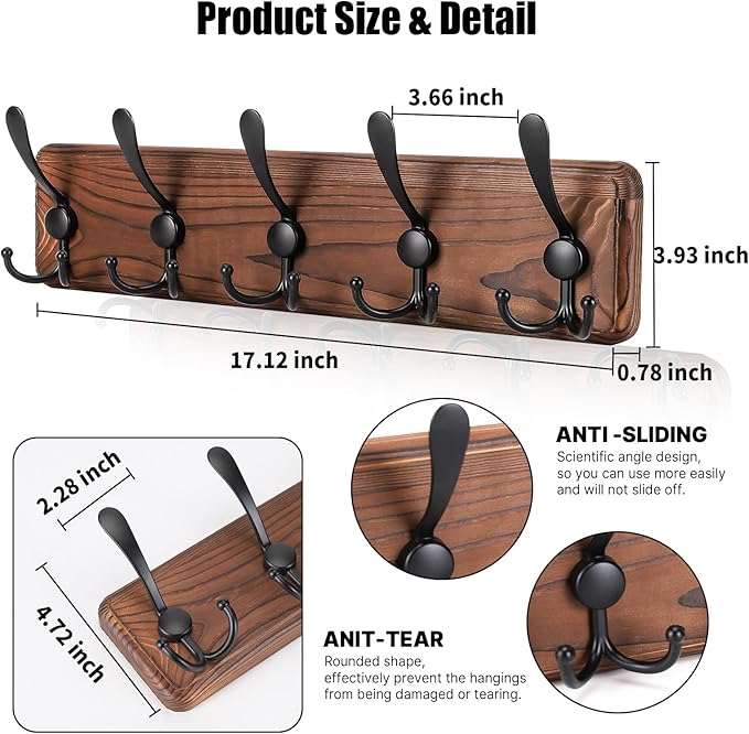 Rustic Wall Mount Coat Rack, Coat Hooks Wall Mount Wood Coat Rack with 5 Triple Hooks, Heavy Duty Wooden Wall Mounted Coat Hanger for Entryway, Farmhouse Hanging Coats, Hats, Bags,Towels