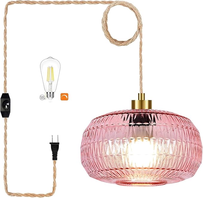 Pink Plug in Pendant Light Hanging Lights with Plug in Cord Boho Hanging Lamp Glass Gold Mid Century Modern Vintage Dimmable Flower Plug in Chandelier Ceiling Fixture for Living Room,Kitchen
