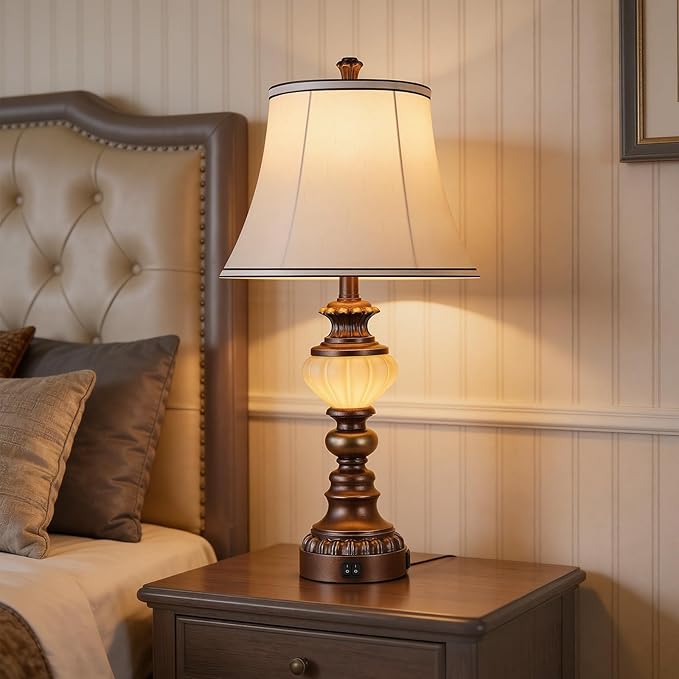 27'' Farmhouse Tall Table Lamps Set of 2 for Living Room, Traditional Vintage Bedside Table Lamps with Nightlight and USB Ports, Boho Nightstand Lamps for Bedroom End Table Home Decor(Bulbs Included)