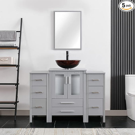 eclife 48" Modern Bathroom Vanity Sink Combo Freestanding Cabinet with Small Side Cabinet, Brown Round Glass Vessel Sink, Water Save Faucet, Drain (Gray+A09)