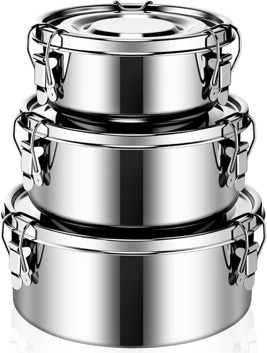 3 Pcs Stainless Steel Bento Box with Lockable Clips to Leak Proof Food Storage Containers Metal Lunch Container, Reusable Dishwasher Safe Lunch Snack Boxes(13 Oz, 22 Oz, 36 Oz)