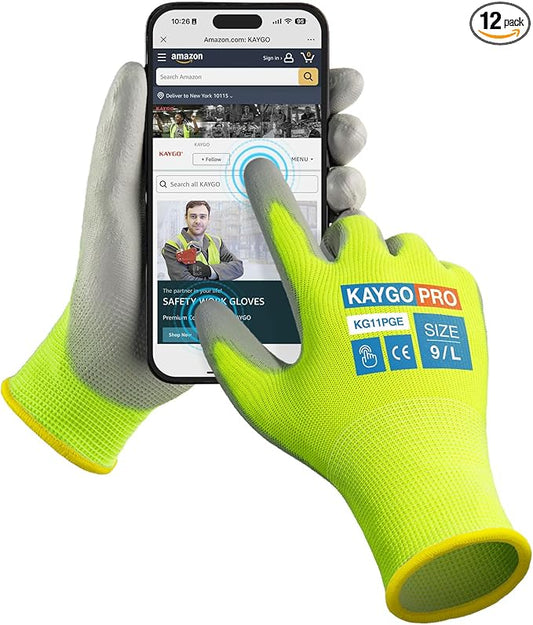 Work Gloves PU Coated for Men and Women, 12 Pairs Safety Work Gloves with Two Fingers Touchscreen, Breathable and Lightweight,Ideal for Light Warehouse, Manufacturing, Gardening, KG11P (L,Green)