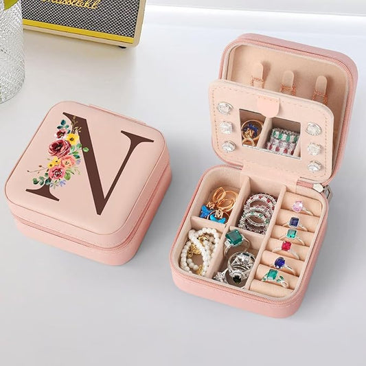 Parima Travel Jewelry Box Case - Jewelry Organizer with Mirror Gifts for Women Friends Female Birthday Gifts Initial Personalized Box for Women - Letter N, Pink