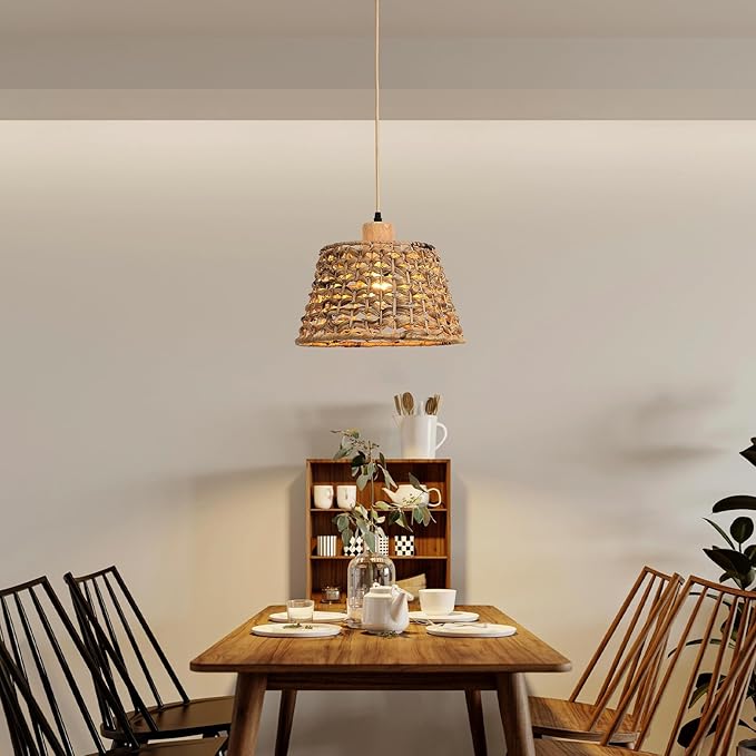 Rattan Boho Pendant Light, 12" 1-Light Hand-Woven Wicker Pendant Light with Water Hyacinth Shade, Natural Coastal Cone Hanging Light for Kitchen Island Sink Dining Room
