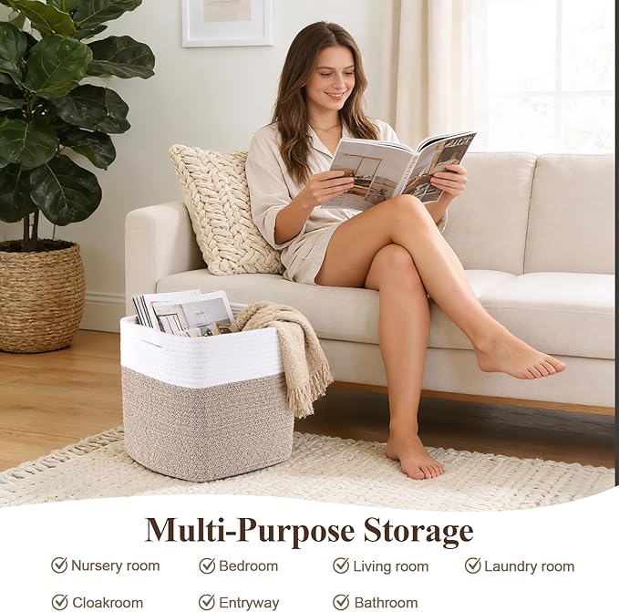 Storage Cubes 11 Inch Storage Baskets for Shelves, Cotton Rope Woven Baskets for Organizing, Cube Storage Square Bins for Toy, Playroom Decor, Classroom, Closet, White+brown, 1pack