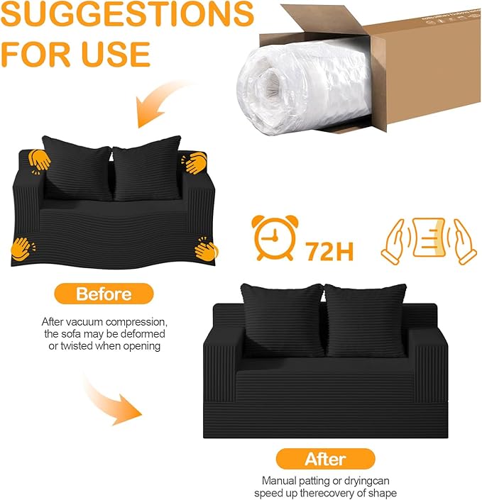 Loveseat Boneless Convertible Sofa Bed, Folding Floor Futon Sleeper Sofa Couch Bed- Boneless Foldable Couch, Corduroy Pull Out Sofa Bed with 2 Pillows for Living Room & Bedroom