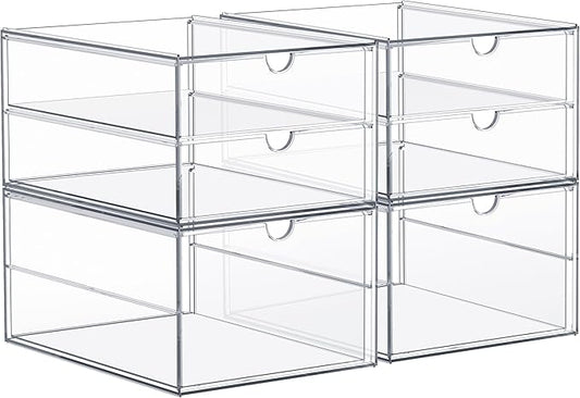 Sorbus Makeup Organizer With 6 Drawers, Acrylic Drawer Organizer for Makeup, Office Organization and Storage, Art Supplies, Jewelry, Stationary - 4 Pcs Clear Stackable Storage Bins Organizer Drawers