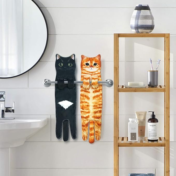 PAT JUUMG Funny Cat Hand Towels for Bathroom Kitchen Decor, Cute Decorative Hanging Face Towels, Super Absorbent Soft, Housewarming Gift, Cat Lovers Gifts for Women (PAT US-4 Pack-Towel)