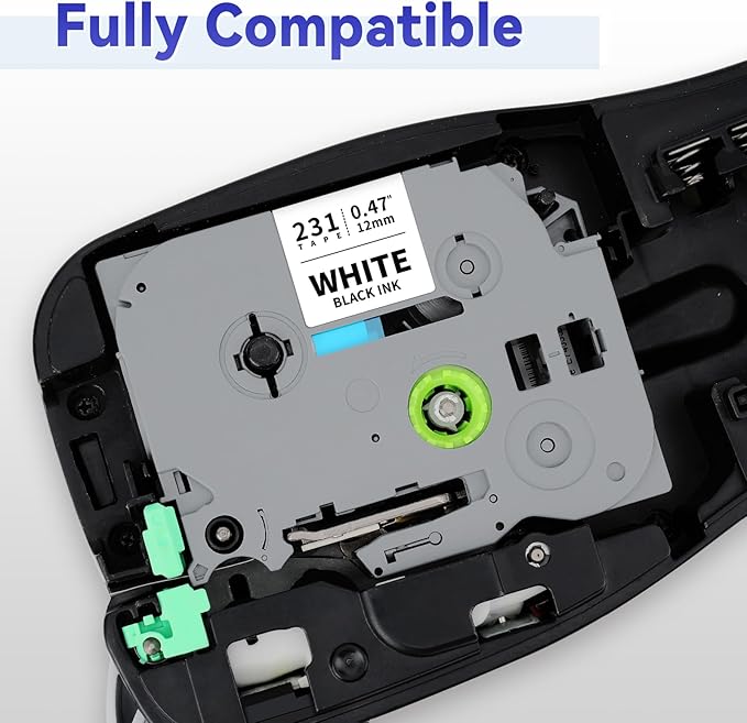 12mm 0.47 Laminated White Replacement for TZe-231 TZe231 TZe TZ Tape P Touch Label Maker Tape, Compatible with Brother PT-H110 PT-D220 PT-D210 PT-D400 PT-D600, 12mm x 8m, 8-Pack