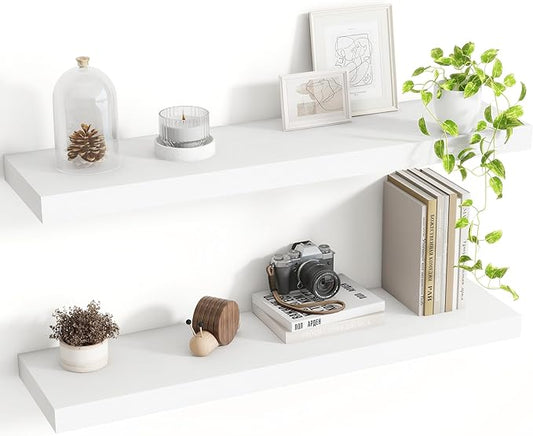 30 Inch Floating Shelves, 8 Inch Deep Floating Shelves for Wall, Hanging Shelf with Invisible Brackets, Deep Shelves for Bathroom, Bedroom, Living Room, White, Set of 2