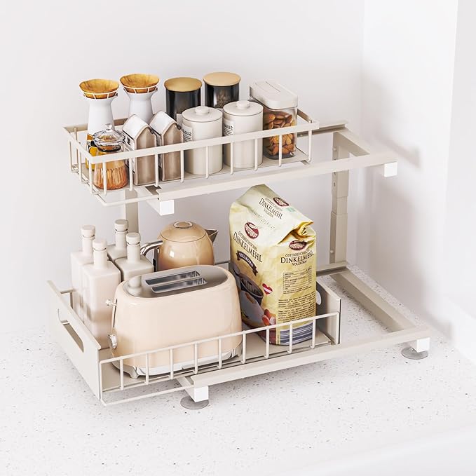 Under Sink Organizer, Heavy Duty Metal Slide Out Sink Shelf Organizer Height Adjustable, Multi-Purpose Storage Shelf for Kitchen Bathroom (Sand,2Pack)