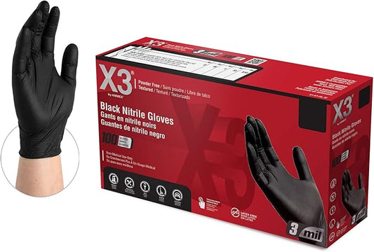 X3 Black Gloves, Disposable, Latex Free, Nitrile, for Cooking, Food Prep, 3 Mil, Powder-Free, Sizes Small through XX-Large
