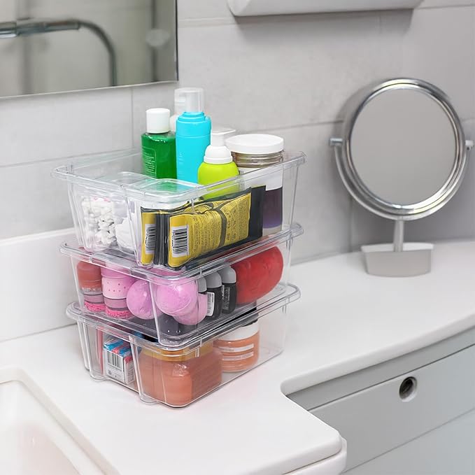 Best Kept Clear Plastic Storage Bins, Stackable Open Square Organizers for Home, Vanity, Cosmetics & Makeup Display, 3-Pack (No Lids)