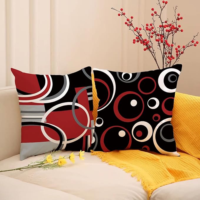 Red and Black Throw Pillow Covers 20x20 Set of 4,Grey Modern Abstract Pillowcases,Gray Geometric Circle Pattern Decor for Sofa Couch Living Room Bedroom Home Outdoor