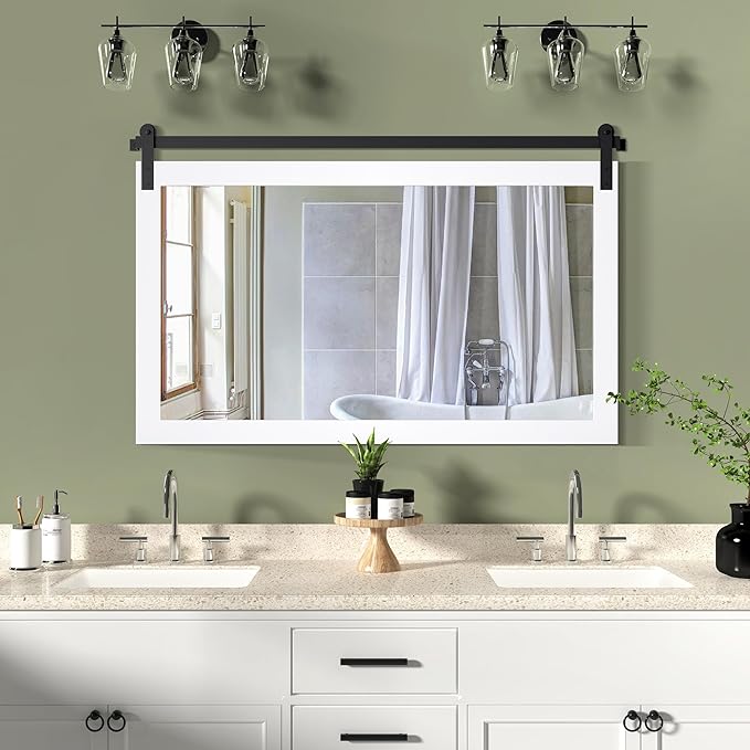 COGOOD Farmhouse Bathroom Mirror - 45 x 30 Rustic Wood Framed Wall Barn Door Mirror for Entryway, Living Room, Entryway Wall Decor (Pure White)