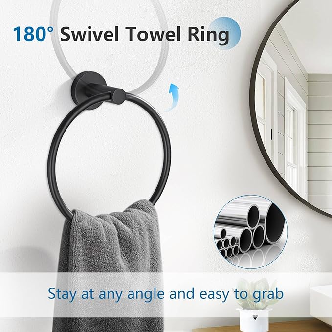 TNOMS 5 Pieces Towel Bar Set Matte Black Bathroom Hardware Accessories Set Stainless Steel Towel Racks Set for Bathroom,Wall Mounted 23.6 Inch Bathroom Hardware Set
