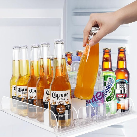 SOLY Drink Organizer for Fridge,Fridge Drink Dispenser for Fridge Automatic Pusher Glide,For Refrigerator Organizing Holds up to 14.96" D, Adjustable for 6-20oz