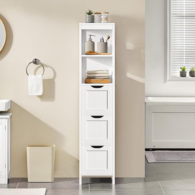 Yaheetech 56” Tall Bathroom Storage Cabinet, Slim Storage Organizer with 3 Drawers & 2 Shelves, Narrow Freestanding Floor Cabinet for Living Room/Hallway/Corner/Small Space, White