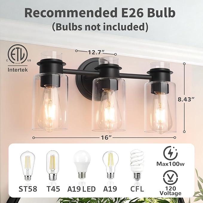 3-Light Bathroom Vanity Light Fixture over Mirror, Matte Black Modern Wall Sconces, Clear Glass Shade & Rustproof Design for Bathroom, Bedroom, Hallway Lighting, E26 Base (Bulbs Not Included)