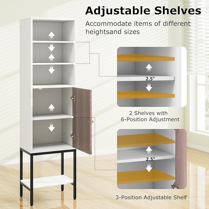 Tangkula Tall Bathroom Storage Cabinet with 1 Door and 4 Shelves, 57" H Narrow Floor Cabinet with Adjustable Shelves, Tall Slim Bathroom Cabinet for Living Room, Entryway, Kitchen (White)