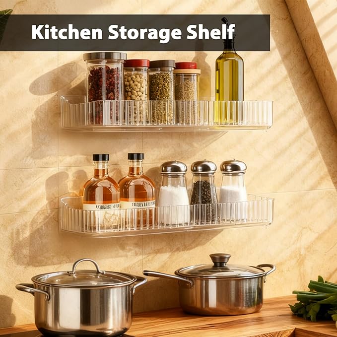 4 Pack Acrylic Shower Caddy Adhesive, Clear Shower Shelves No Drilling with Soap Holder & Toothbrush Holder, Bathroom Wall Shelf