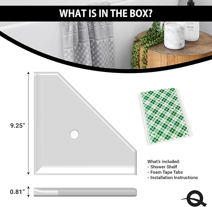 Questech 10" Corner Shower Shelf, Retrofit Shower Organizer for Tiled Walls, Corner Caddy Soap Dish Bathroom Storage, Geo Flatback, White Polished