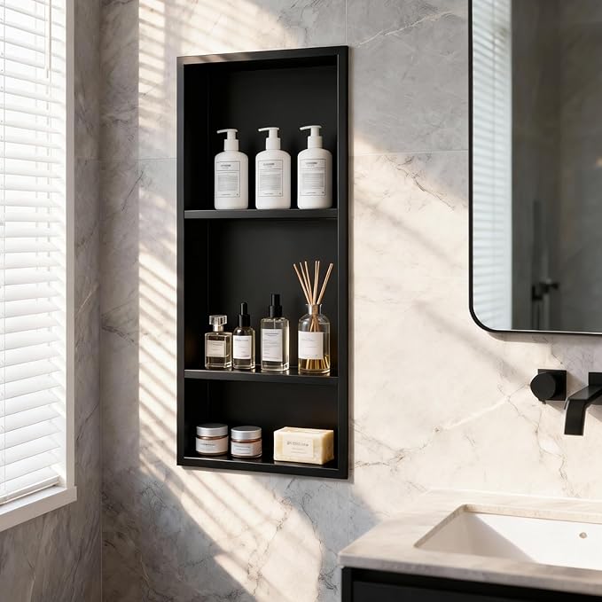 EasyVibe 3-Tier Matte Black 304 Stainless Steel Shower Niche 30 x 12 Inch, No Tile Needed Triple Shelf Recessed Wall Organizer, Pre-Finished Large Storage Insert for Shower & Kitchen