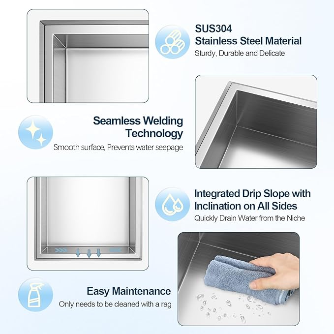 Shower Niche, 12" x 12" Bathroom Niche, Stainless Steel No Tile Needed Brushed Nickel Recessed Shower Shelf, Waterproof Wall Niches for Storage