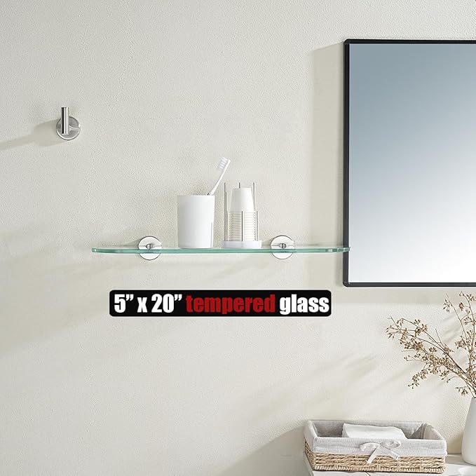 JQK Bathroom Glass Shelf, Tempered Glass Shower Storage 20 by 5 inches, 304 Stainless Steel Brushed Finish Wall Mount, TGS121L20-BN