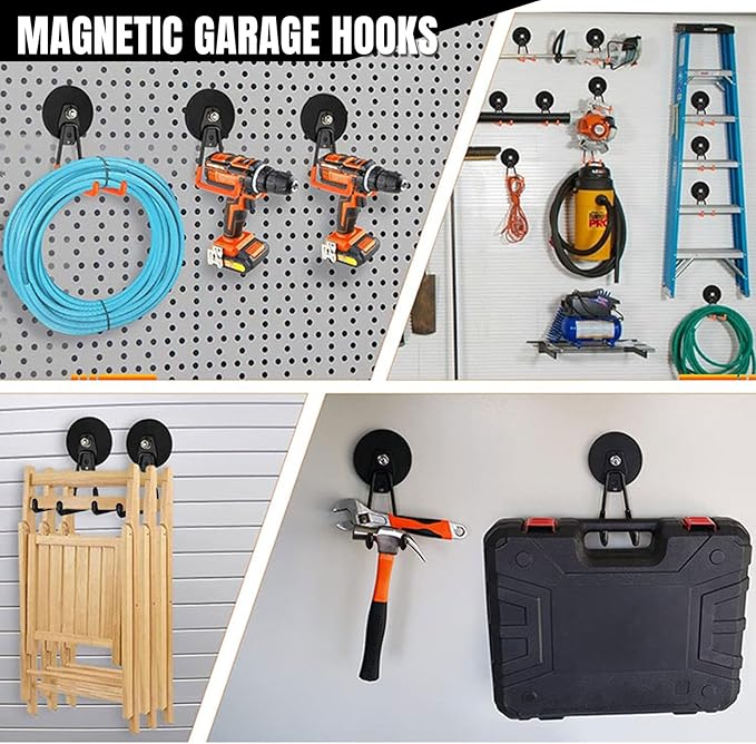 Magnetic Hooks Heavy Duty, 4 Pack Large Strong Magnet Hooks with Anti-Slip Coating, Storage Hooks for Hanging Garden Tools,Drills, Hoses. Ideal for Metal Cabinet,Tool Cart,Outdoor