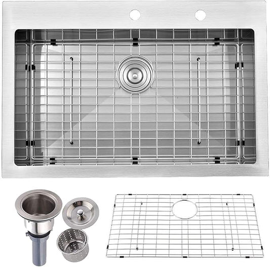 33"x 22" Drop in Stainless Steel Kitchen Sink, Brushed Nickel Top mount Kitchen Sinks, 18 Gauge Handmade Single Bowl Large Basin With Dish Grid and Basket Strainer