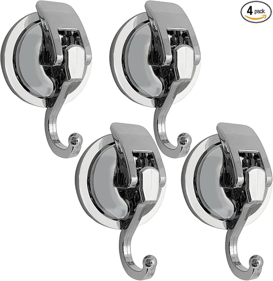 Suction Cup Hooks - Heavy Duty Glass, Reusable, No Hole Punched, for Bathroom Robe & Garland (Silver, 4 Pack)