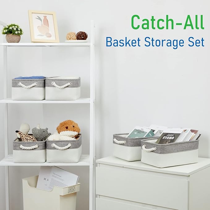 Bidtakay Small Fabric Storage Bins for Closet & Bathroom - Set of 6 Grey & White Baskets - Organizers for Kids' Bedroom