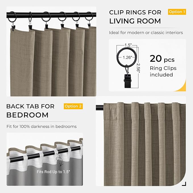 INOVADAY 100% Blackout Curtains for Bedroom, Black Out Curtains 96 Inch Long, Clip Rings Linen Blackout Drapes, Thermal Insulated Room Darkening for Living Room, 2 Panels - Fauxlinen,W50xL96