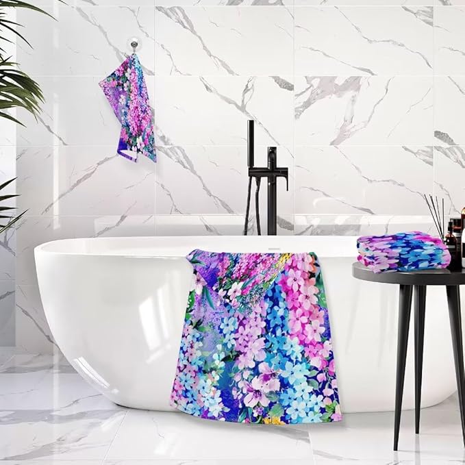 Purple Pink Blue Floral Towel Set, 3-Piece Soft Absorbent Set (1 Bath 1 Hand 1 Washcloth), Decorative Spring Garden Flower Towels for Bathtub, Shower, Hair, Face