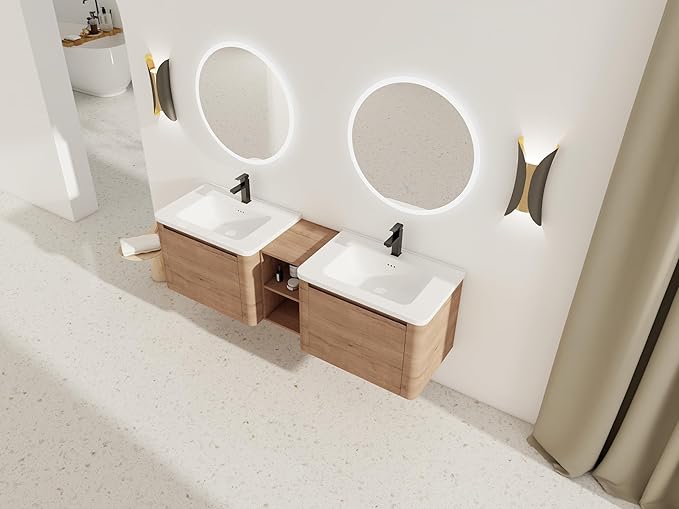 Wall-Mounted Bathroom Sink Vanity Set with White Ceramic Sink and Soft-Close Doors with Side Cabinet. (28'')