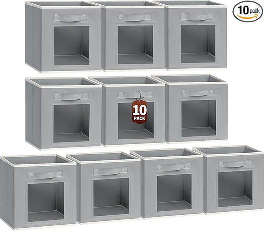 Foldable Storage Cubes - Cubby Storage Organizer with Window, 11 Inch Baskets for Organizing, Collapsible Fabric Storage Cubes for Shelves, Closet, 10 Pack, Grey