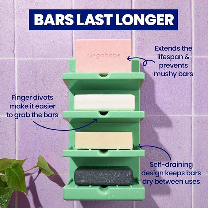 Megababe 4-Tier Bar Soap Tower | Stocking Stuffer Holds 4 Bars | Suctions or Sticks | Self-Draining